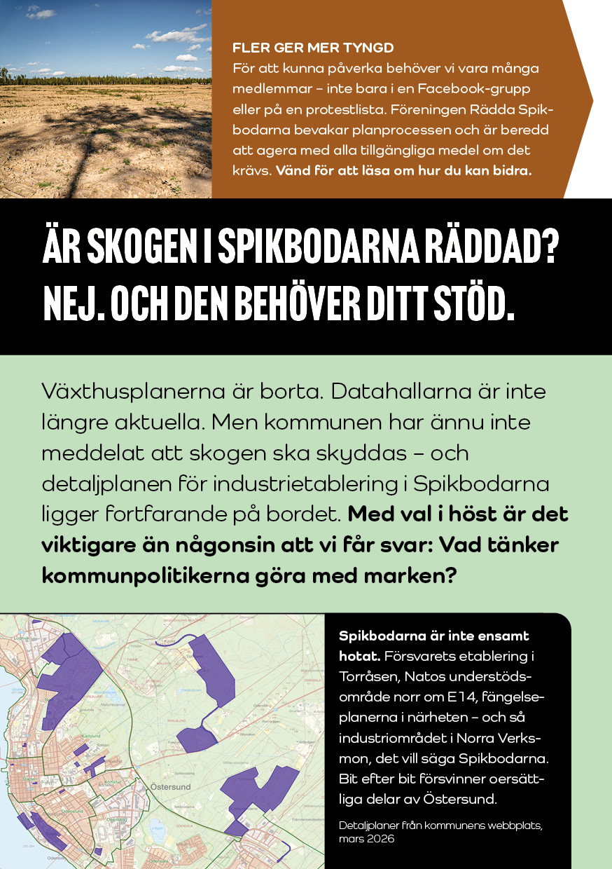 Informationsbroschyr om Östersunds kommuns planer för Spikbodarna, med beskrivningar av projektets omfattning, miljöpåverkan och möjliga konsekvenser för friluftslivet. Framsida.