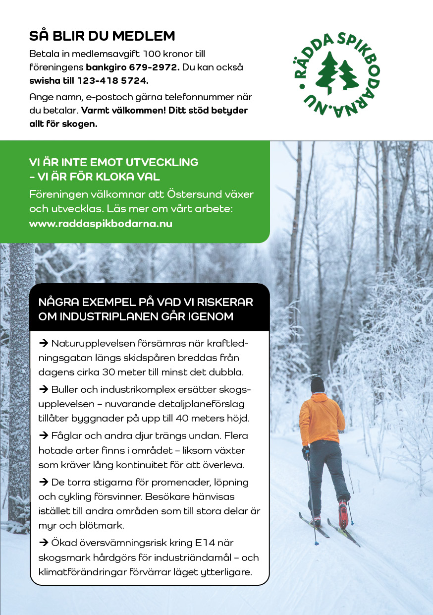 Informationsbroschyr om Östersunds kommuns planer för Spikbodarna, med beskrivningar av projektets omfattning, miljöpåverkan och möjliga konsekvenser för friluftslivet. Framsida.